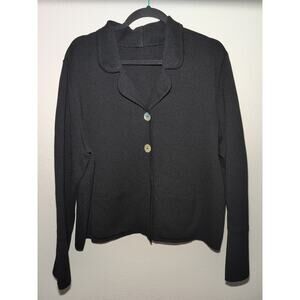 Black Wool Cardigan Peter Pan Collar Mother Of Pearl Boxy Short Oversized L/XL